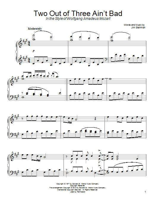 Meat Loaf Two Out Of Three Ain't Bad (in the style of Wolfgang Amadeus Mozart) Sheet Music