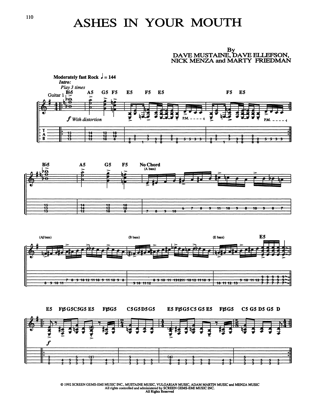 Megadeth Ashes In Your Mouth Sheet Music