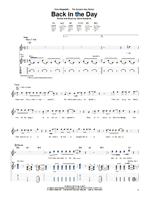 Megadeth Back In The Day Sheet Music