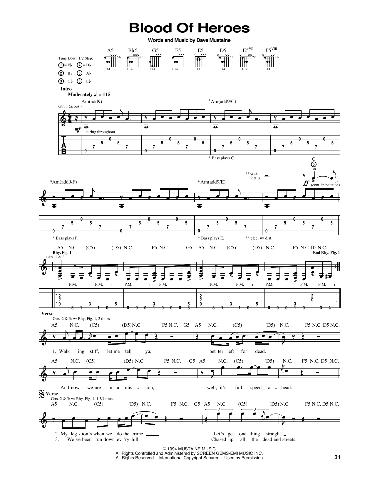 Megadeth Blood Of Heroes Sheet Music