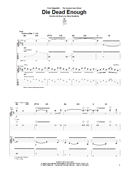 Megadeth Die Dead Enough Sheet Music