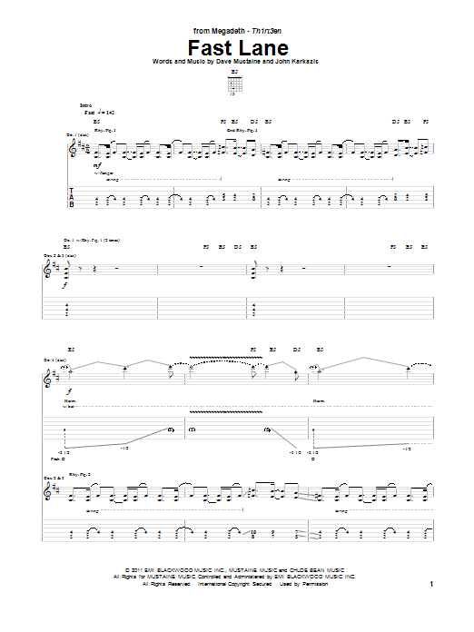 Megadeth Fast Lane Sheet Music