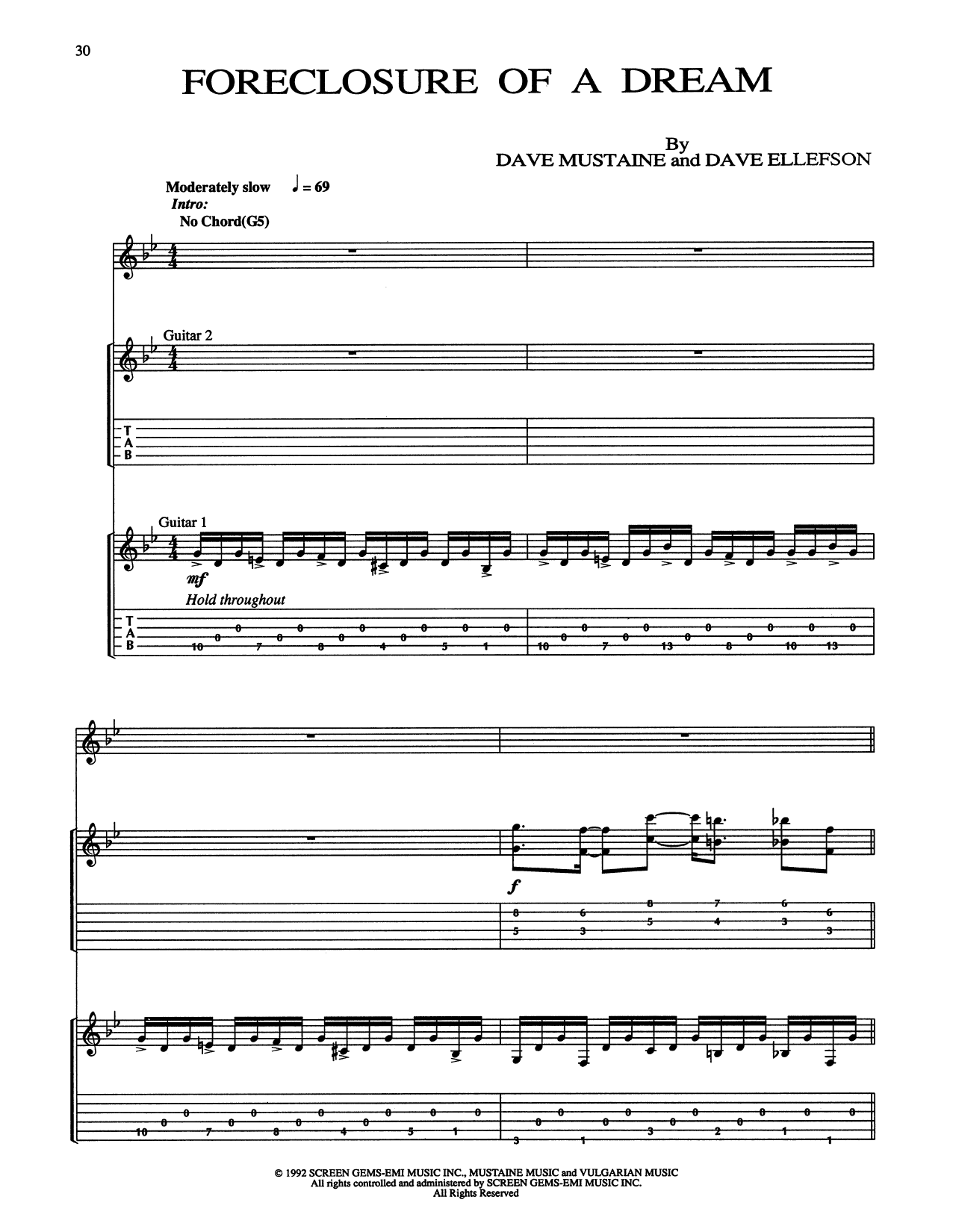 Megadeth Foreclosure Of A Dream Sheet Music