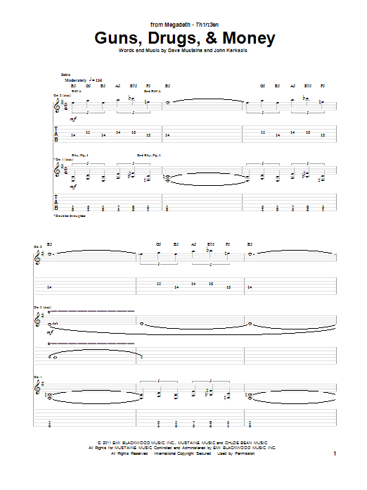 Megadeth Guns, Drugs, & Money Sheet Music