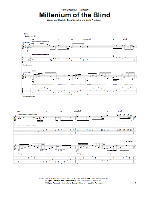 Megadeth Millenium Of The Blind Sheet Music