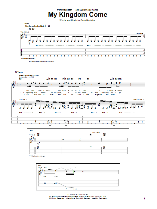Megadeth My Kingdom Come Sheet Music