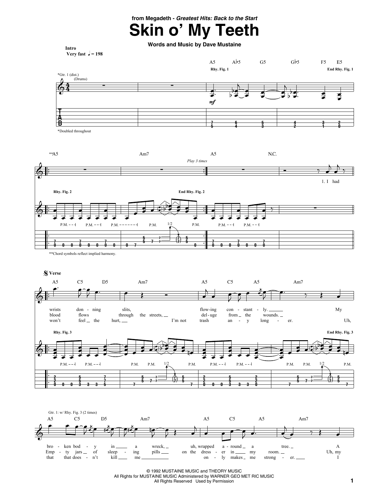 Megadeth Skin O' My Teeth Sheet Music