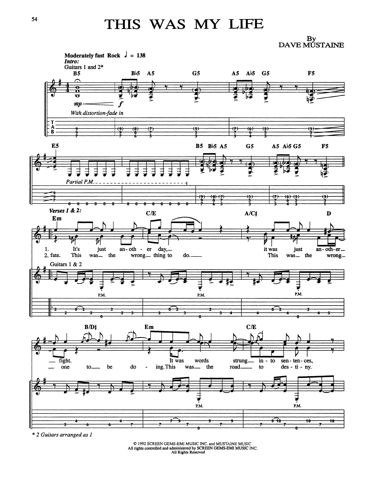 Megadeth This Was My Life Sheet Music