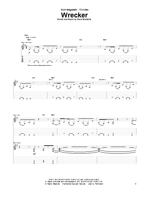 Megadeth Wrecker Sheet Music