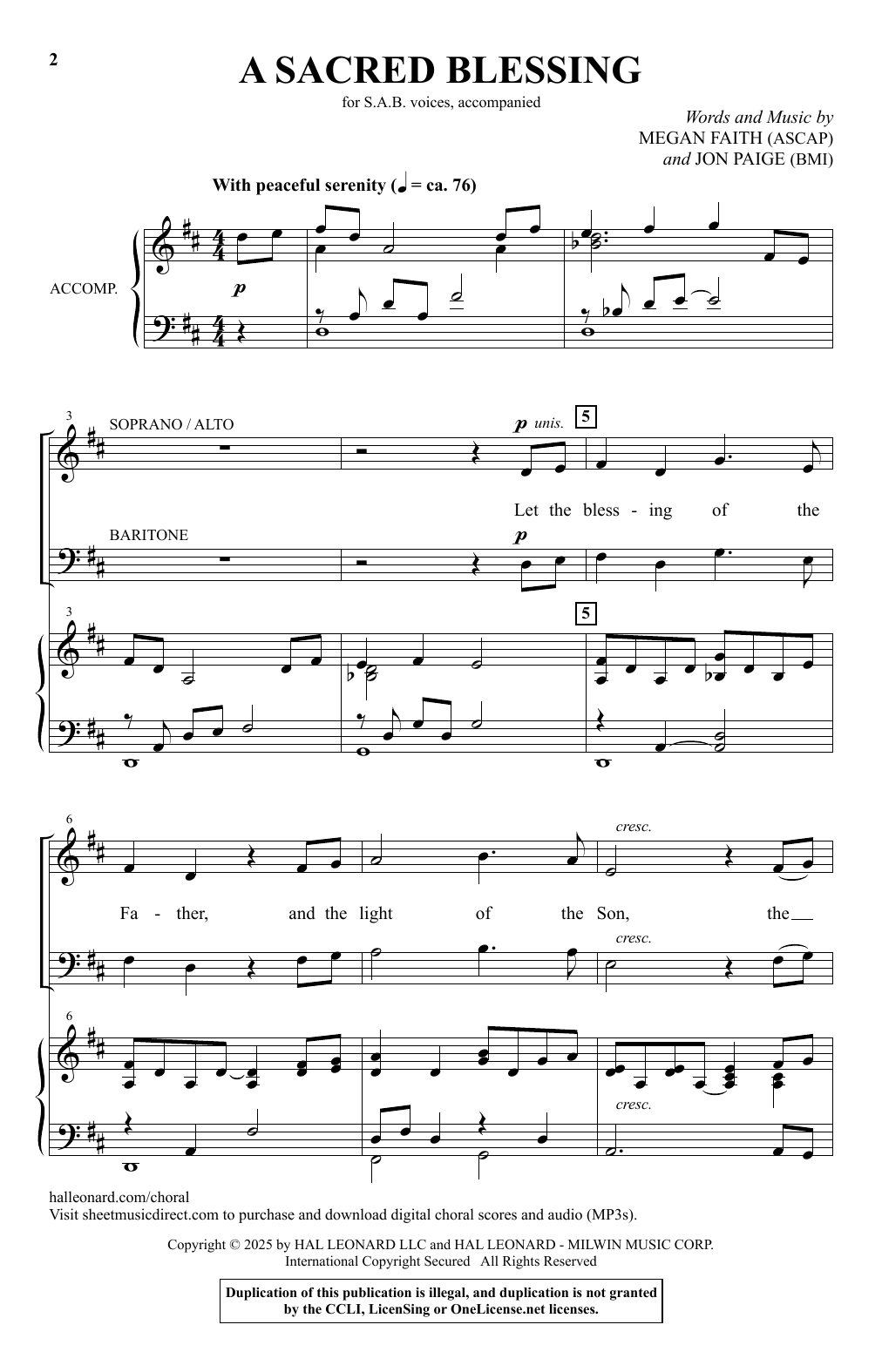 Megan Faith and Jon Paige A Sacred Blessing Sheet Music
