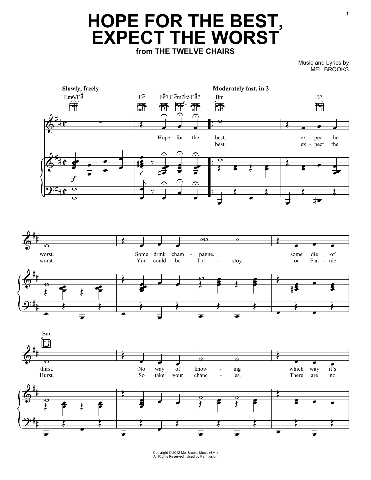 Mel Brooks Hope For The Best, Expect The Worst (from The Twelve Chairs) Sheet Music