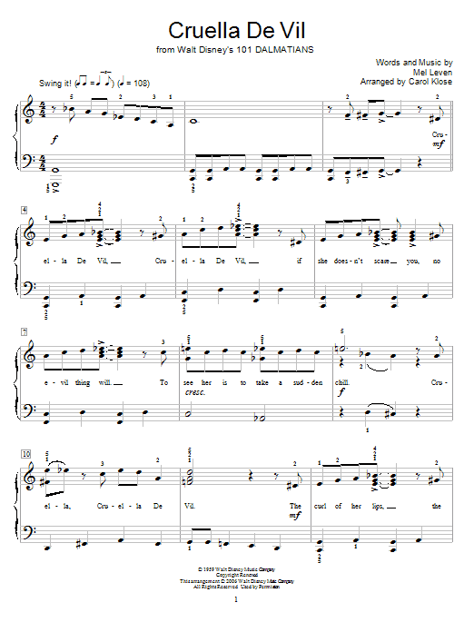 Mel Leven Cruella De Vil (from 101 Dalmations) (arr. Carol Klose) Sheet Music