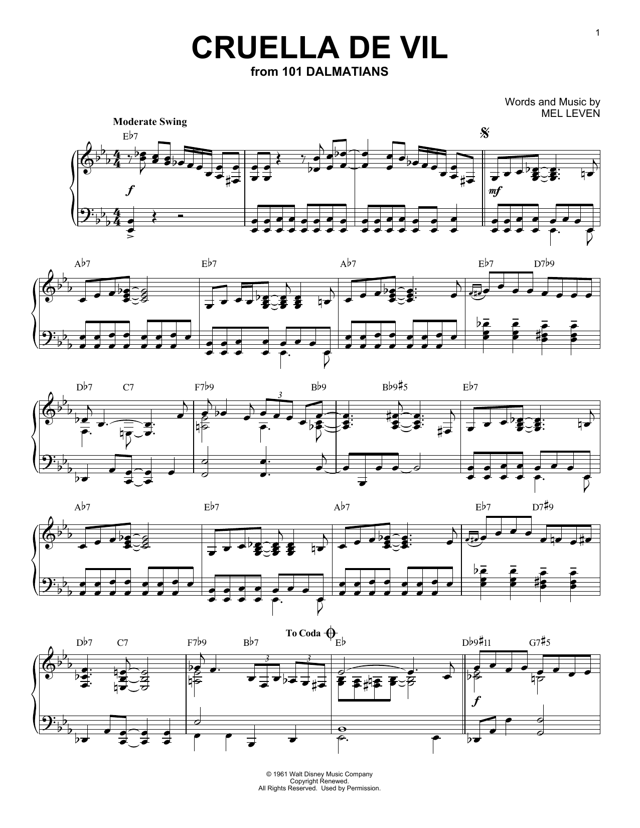 Mel Leven Cruella De Vil [Jazz version] (from 101 Dalmatians) Sheet Music