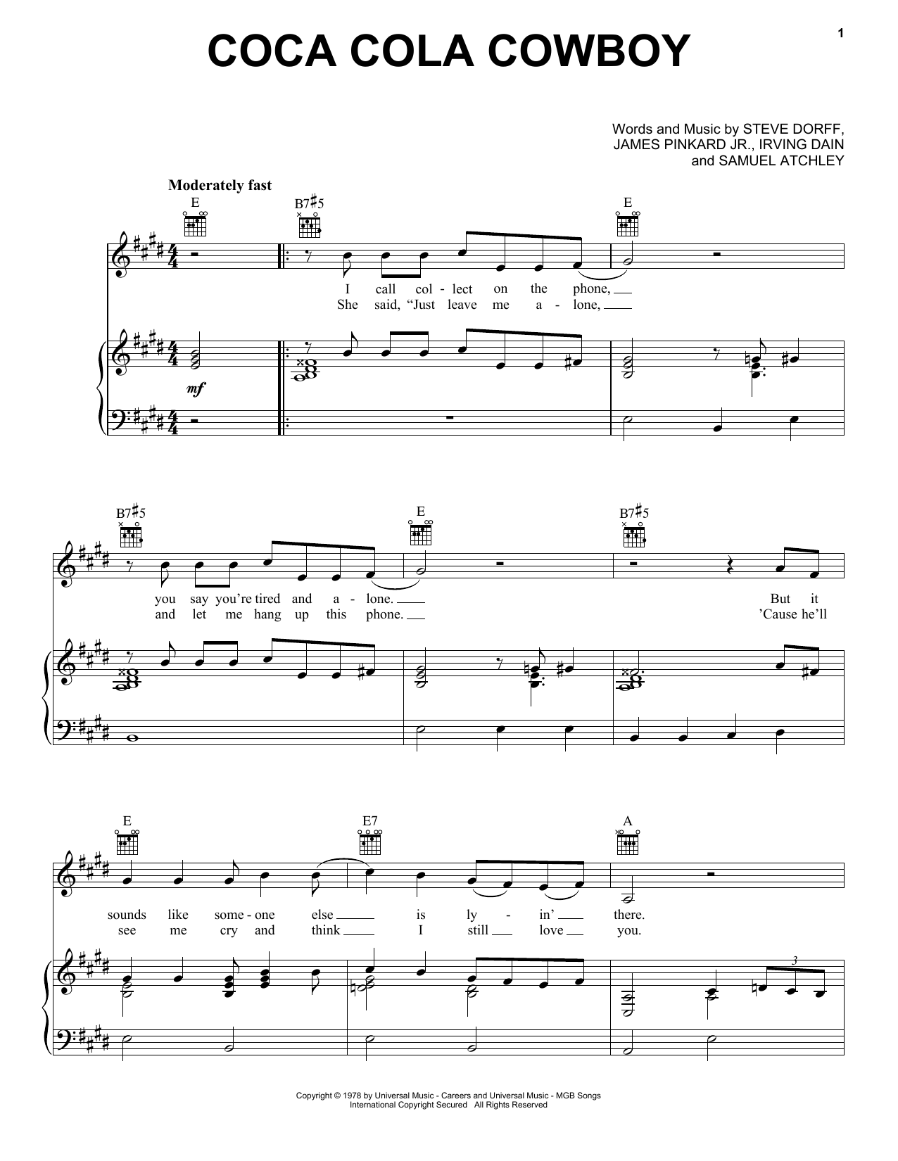 Mel Tillis Coca-Cola Cowboy Sheet Music