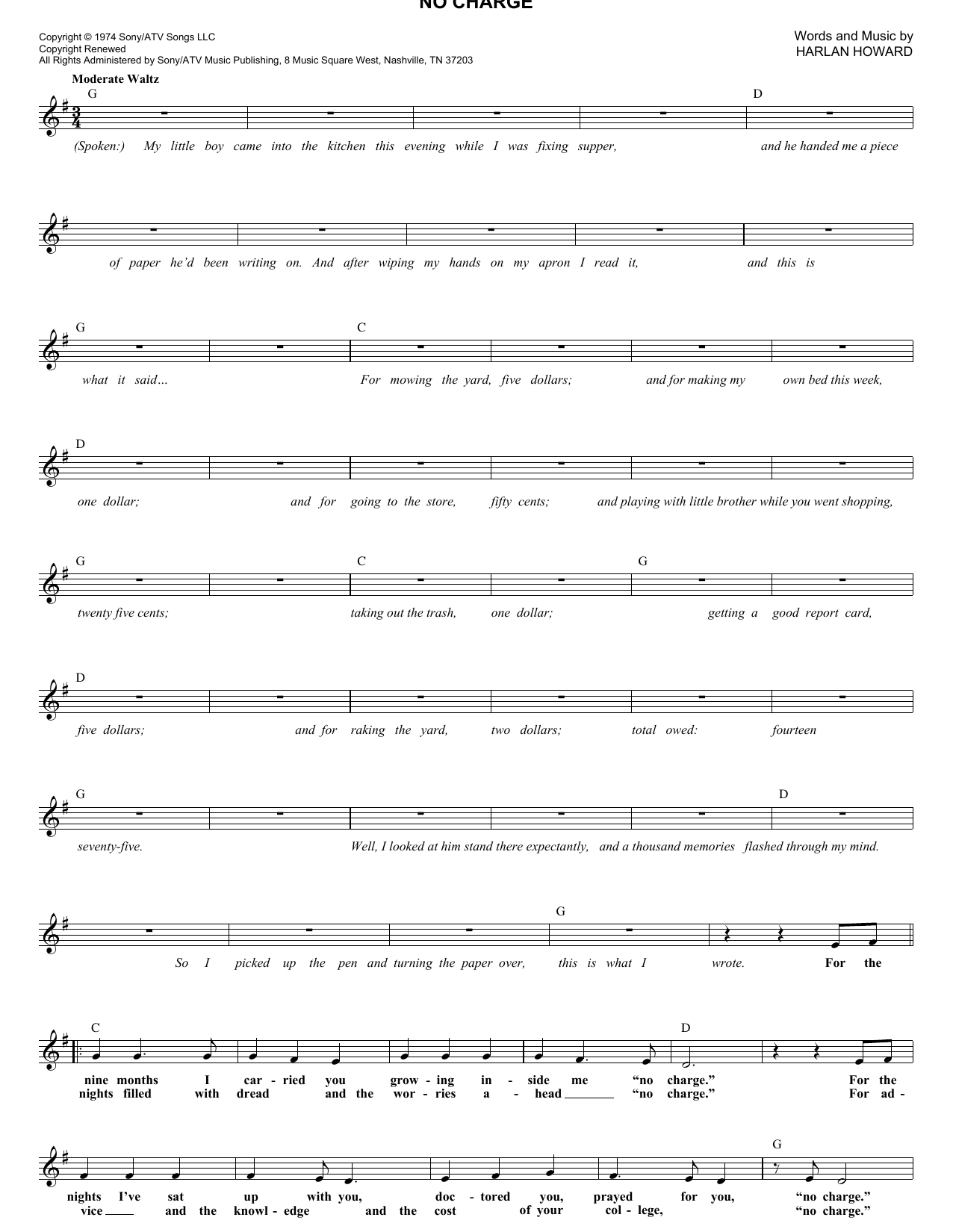 Melba Montgomery No Charge Sheet Music