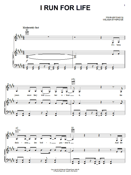 Melissa Etheridge I Run For Life Sheet Music