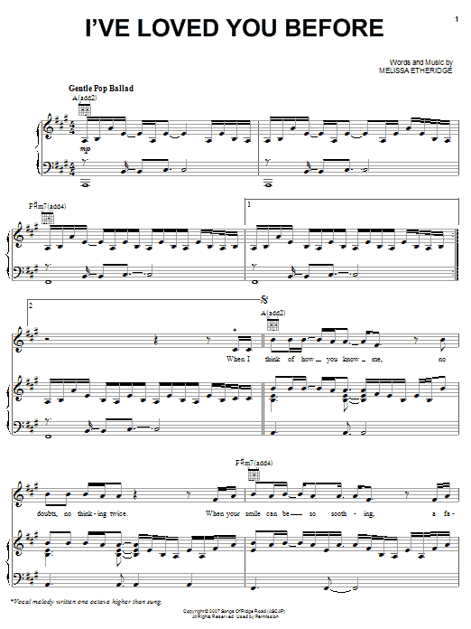 Melissa Etheridge I've Loved You Before Sheet Music