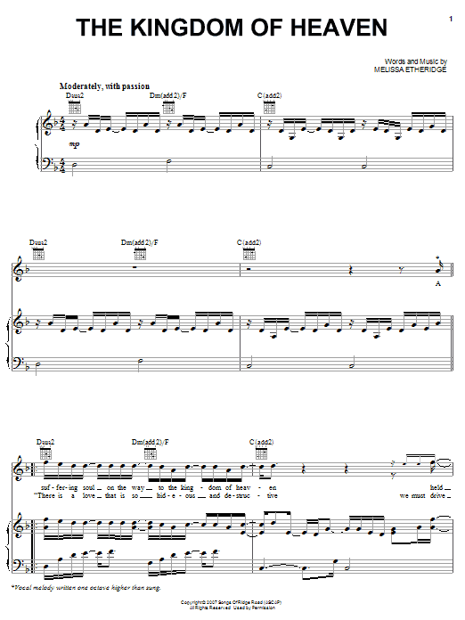 Melissa Etheridge The Kingdom Of Heaven Sheet Music