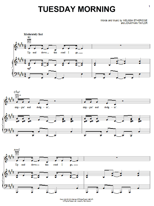Melissa Etheridge Tuesday Morning Sheet Music