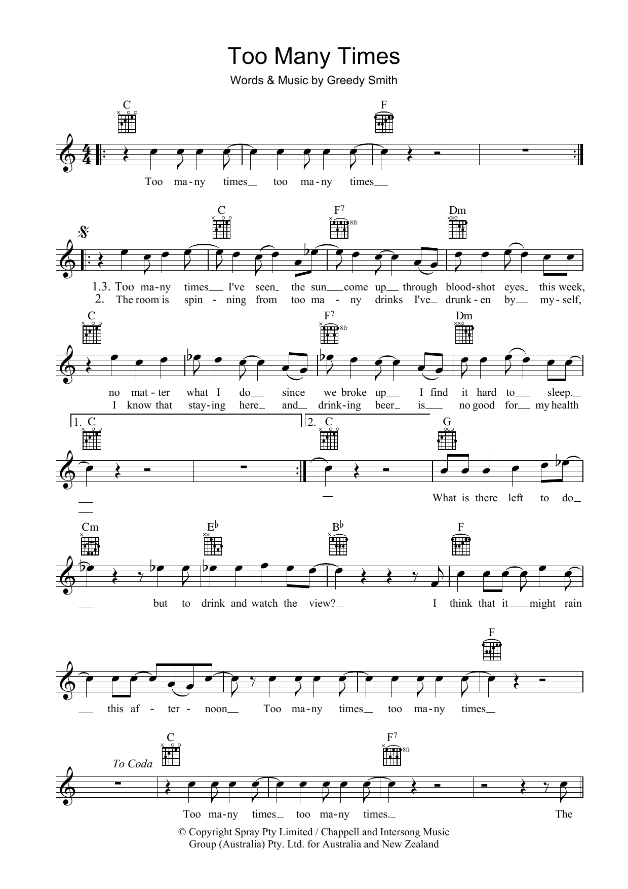 Mental As Anything Too Many Times Sheet Music