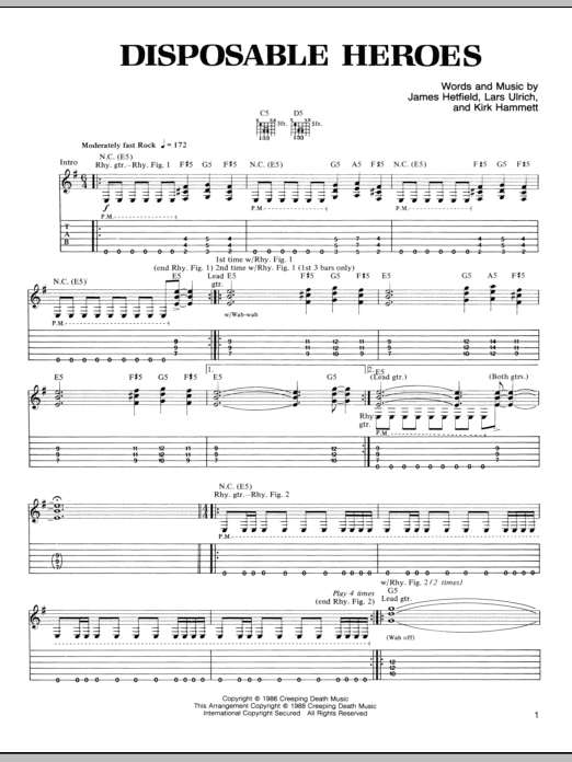 Metallica Disposable Heroes Sheet Music