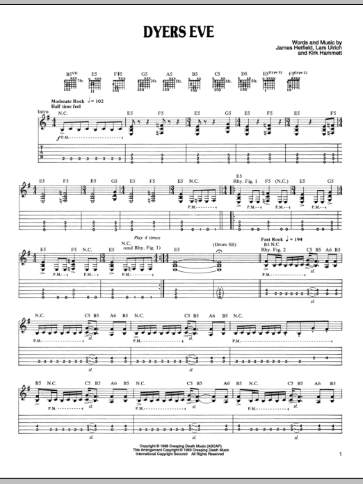 Metallica Dyers Eve Sheet Music
