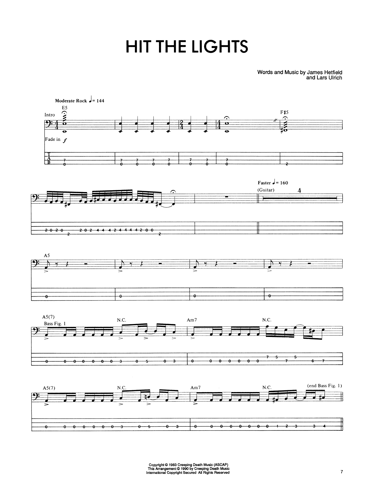 Metallica Hit The Lights Sheet Music