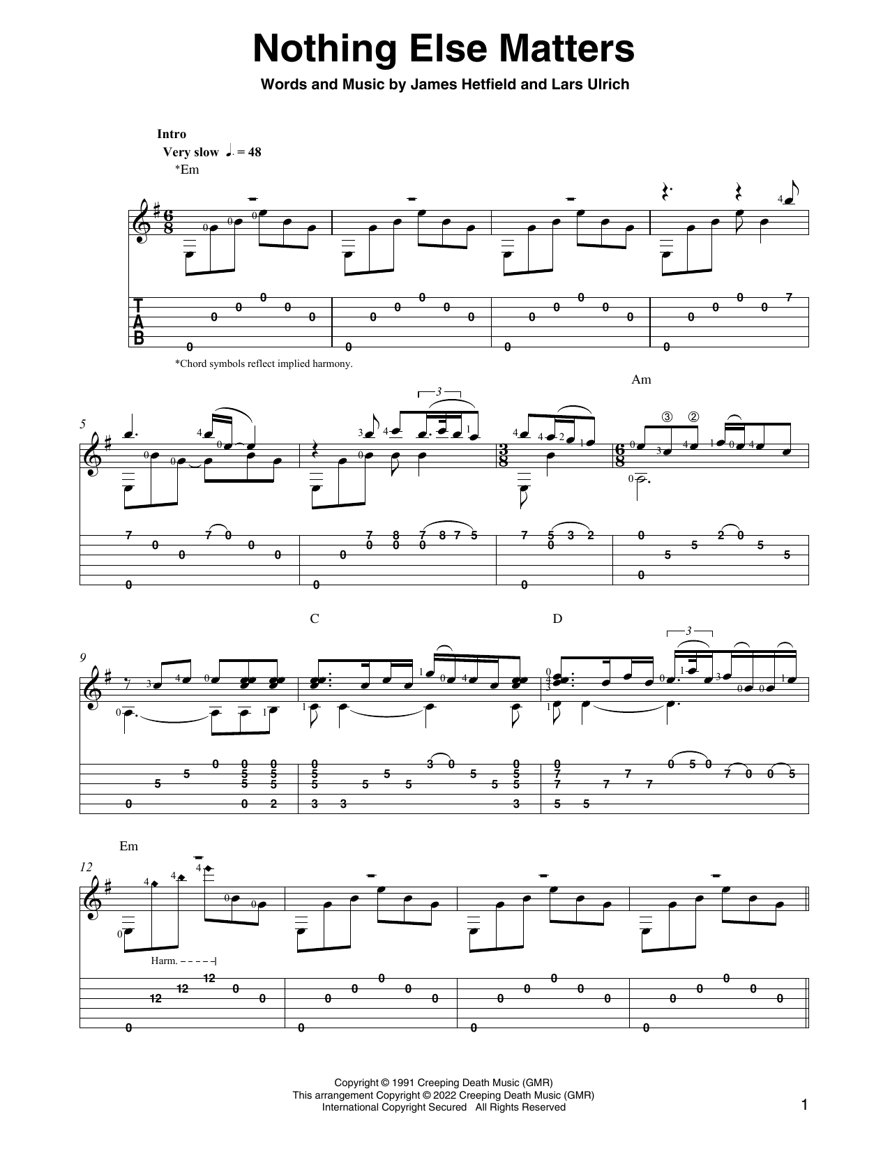 Metallica Nothing Else Matters (arr. Ben Pila) Sheet Music