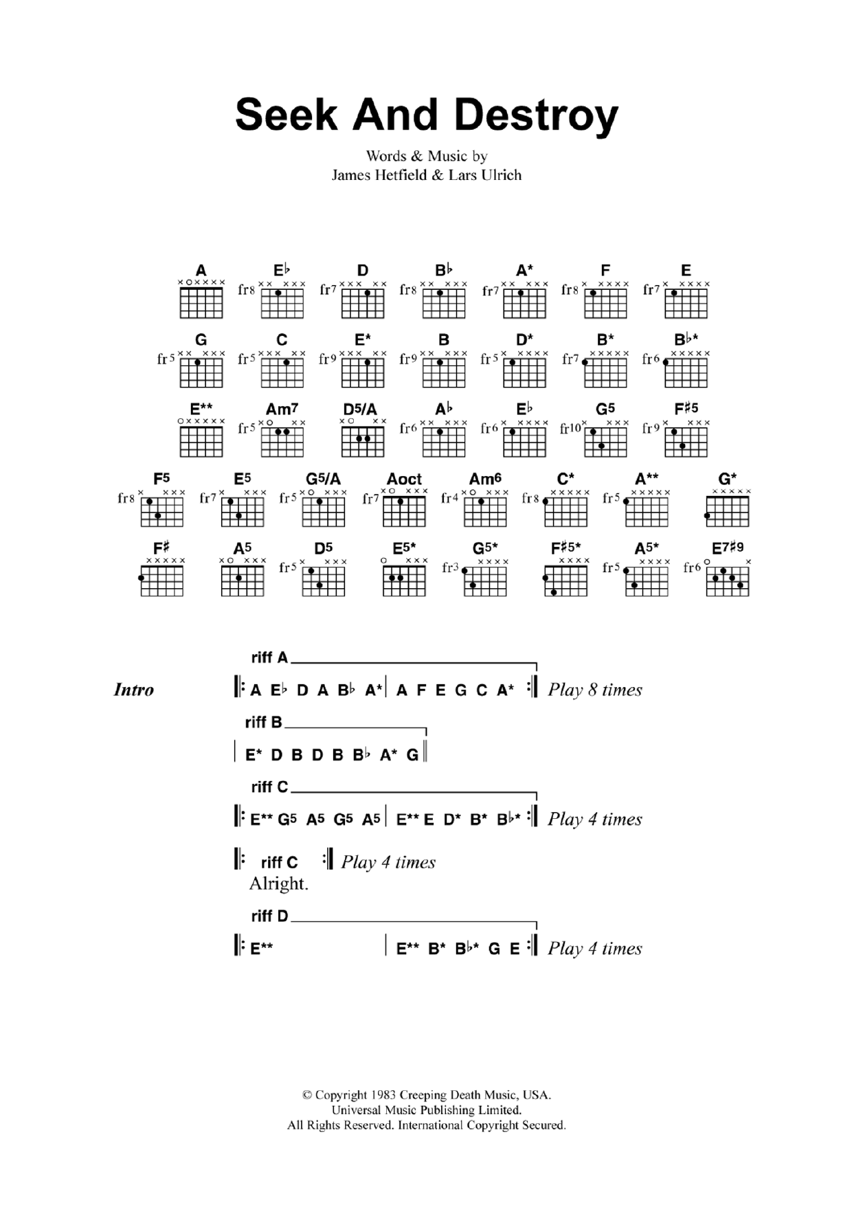 Metallica Seek And Destroy Sheet Music