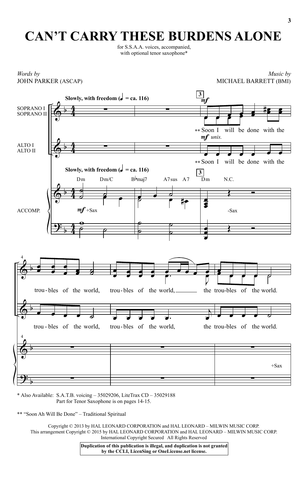 Michael Barrett Can't Carry These Burdens Alone Sheet Music