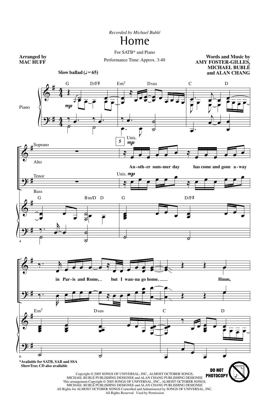 Michael Buble Home (arr. Mac Huff) Sheet Music