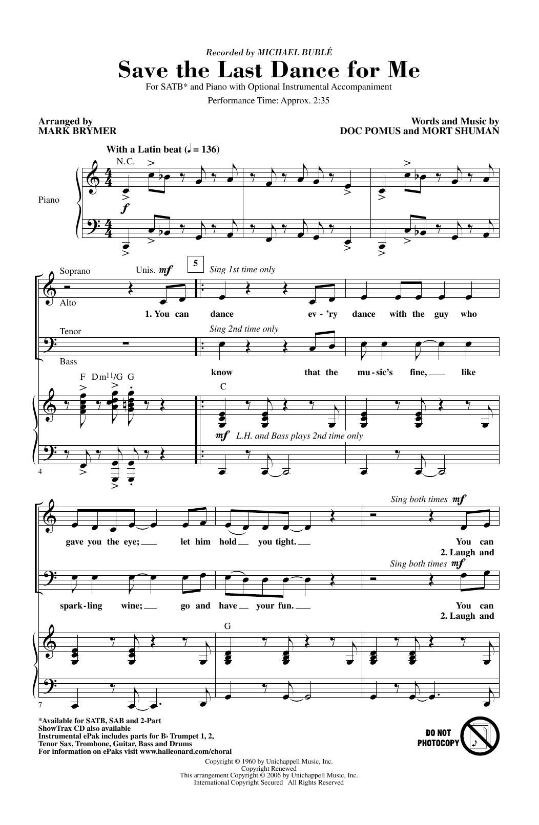 Michael Buble Save The Last Dance For Me (arr. Mark Brymer) Sheet Music