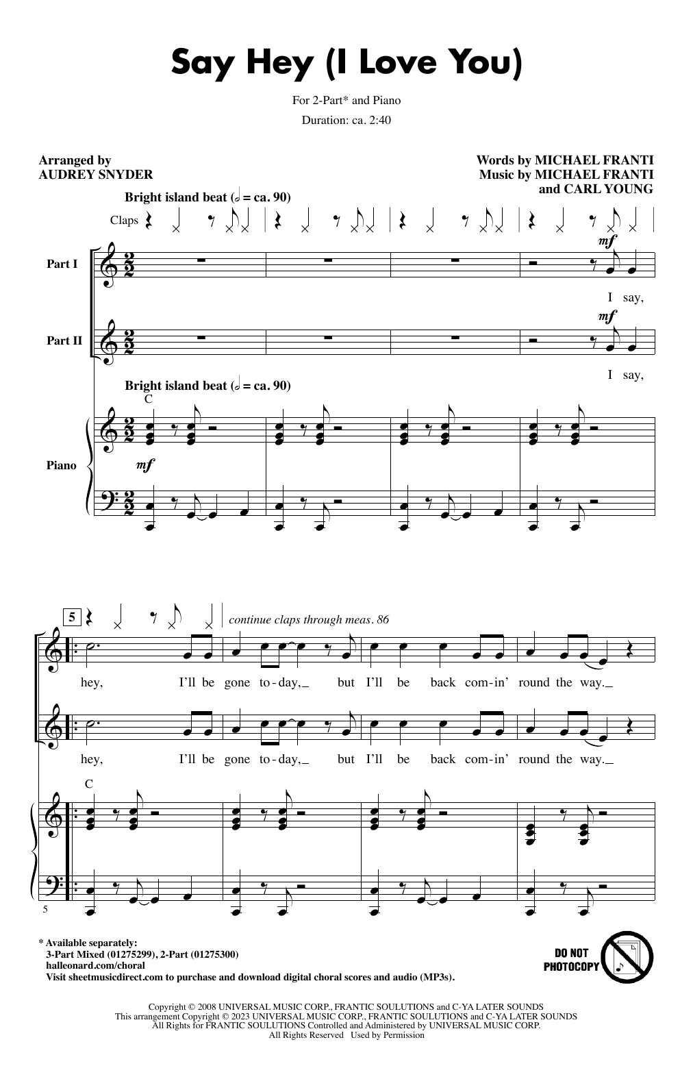 Michael Franti & Spearhead feat. Cherine Anderson Say Hey (I Love You) (arr. Audrey Snyder) Sheet Music