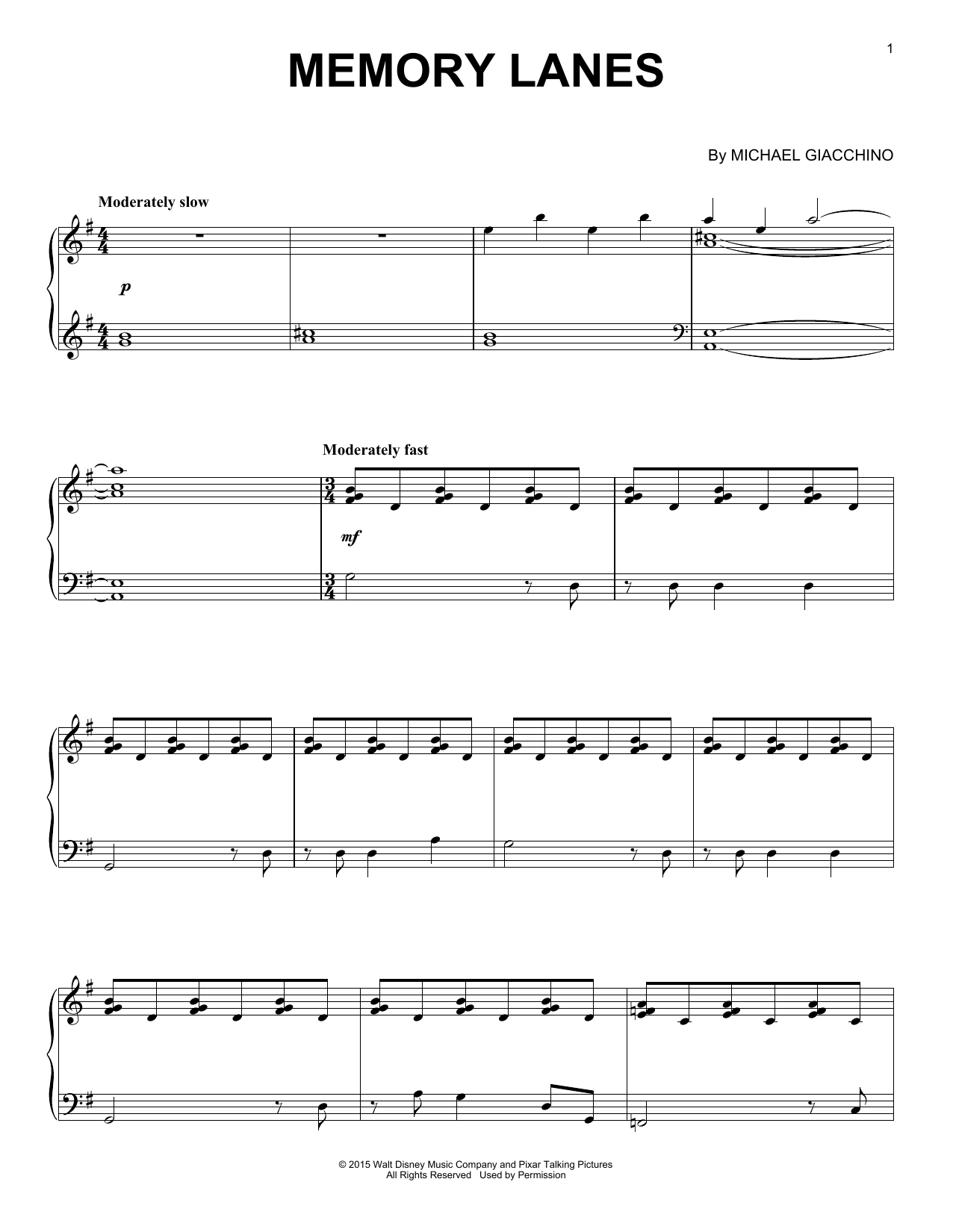 Michael Giacchino Memory Lanes Sheet Music