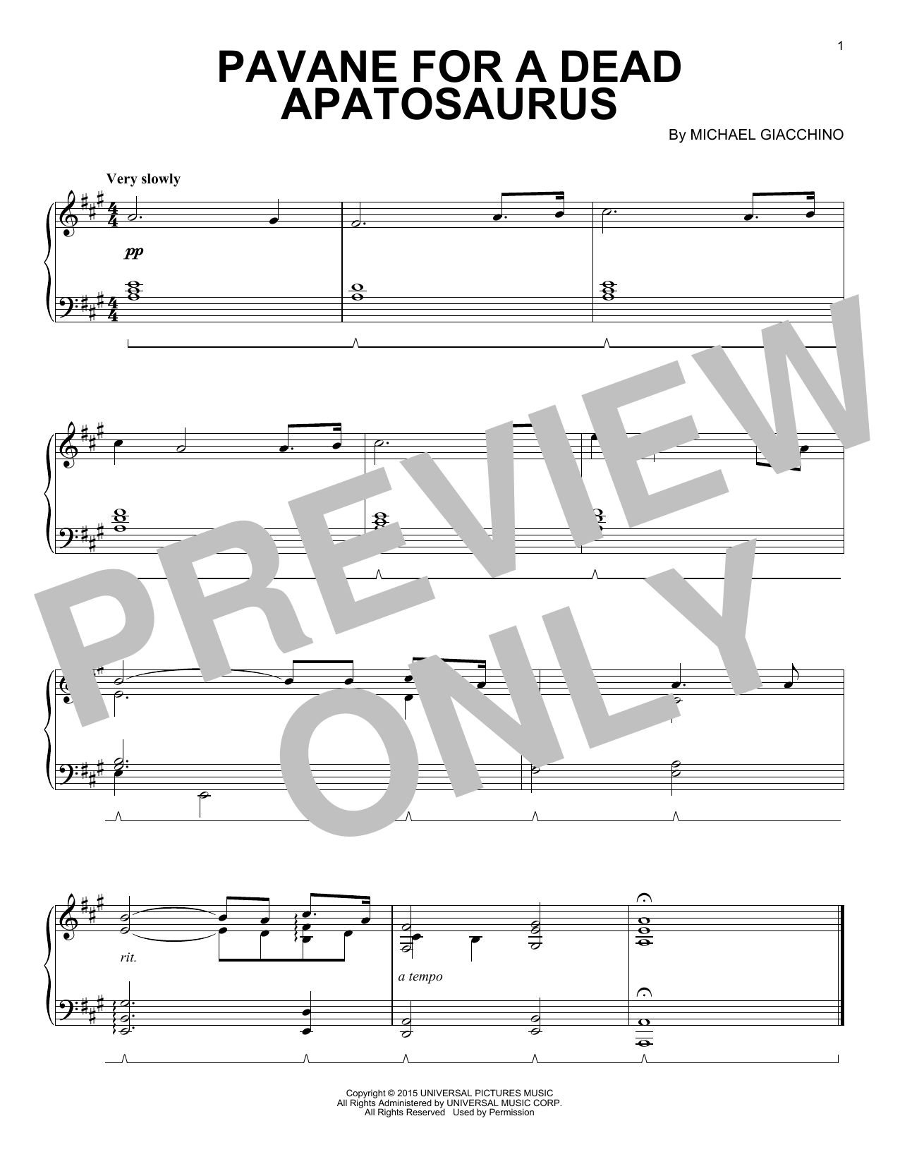 Michael Giacchino Pavane For A Dead Apatosaurus Sheet Music