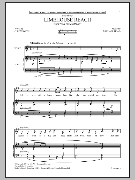Michael Head Limehouse Reach (from Six Sea Songs) Sheet Music