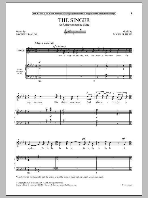 Michael Head The Singer (An Unaccompanied Song) Sheet Music