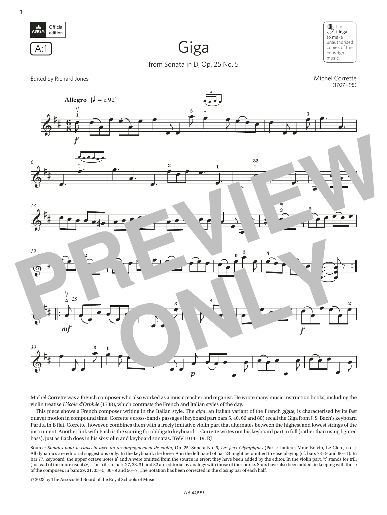 Michel Corrette Giga (Grade 5, A1, from the ABRSM Violin Syllabus from 2024) Sheet Music