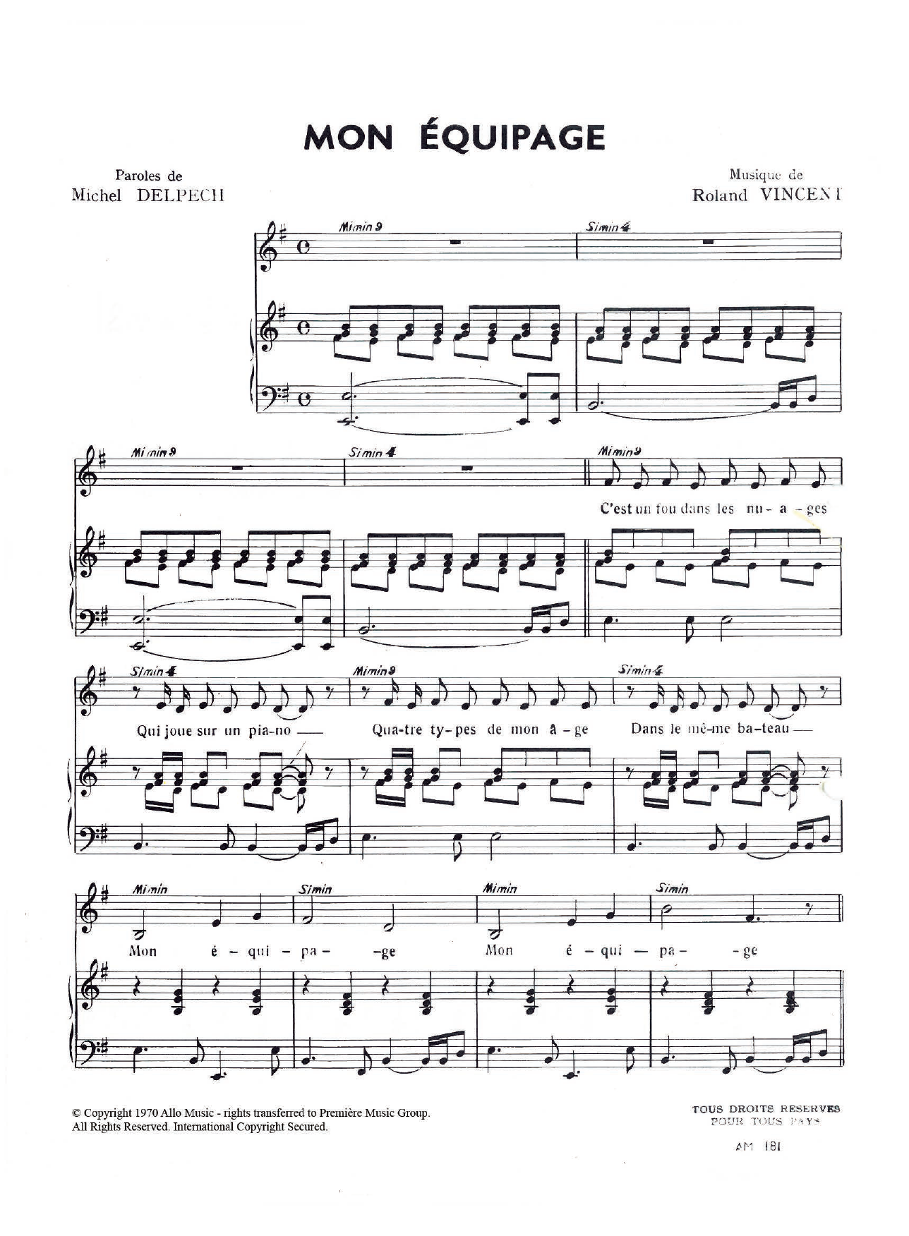 Michel Delpech Mon Equipage Sheet Music