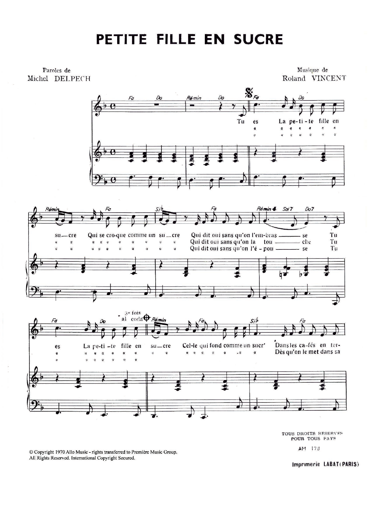 Michel Delpech Petite Fille En Sucre Sheet Music