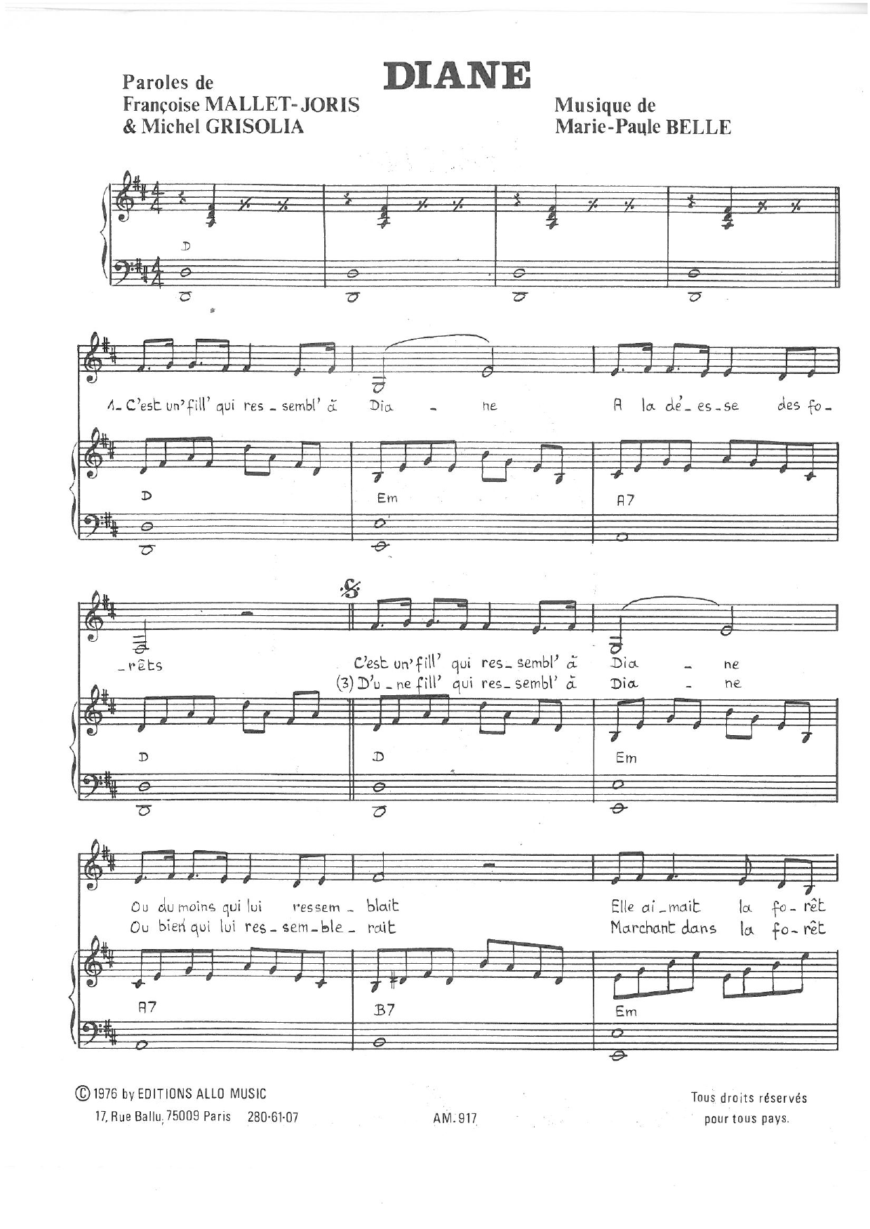 Michel Grisolia, Françoise Mallet-Joris and Marie Paule Belle Diane Sheet Music