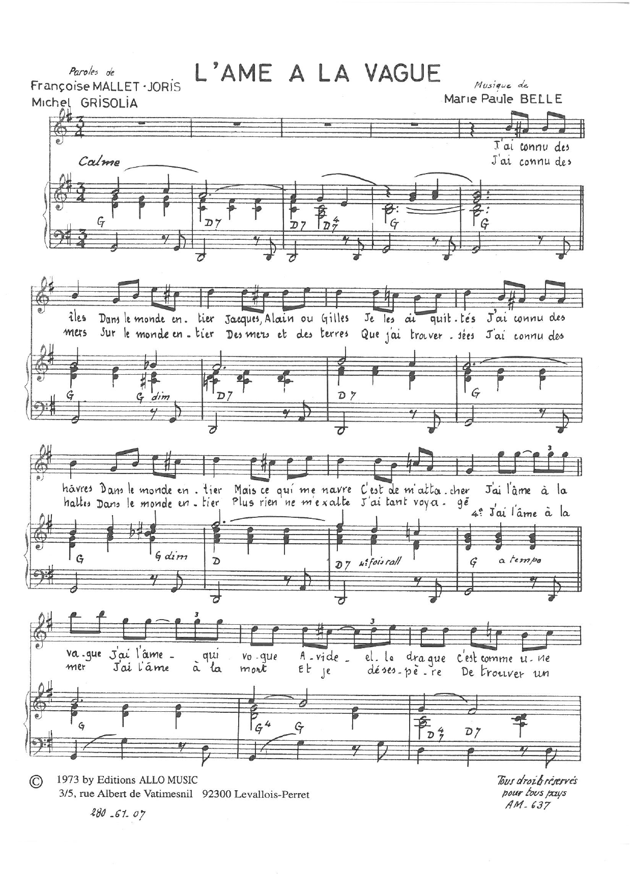 Michel Grisolia, Françoise Mallet-Joris and Marie Paule Belle L'ame A La Vague Sheet Music