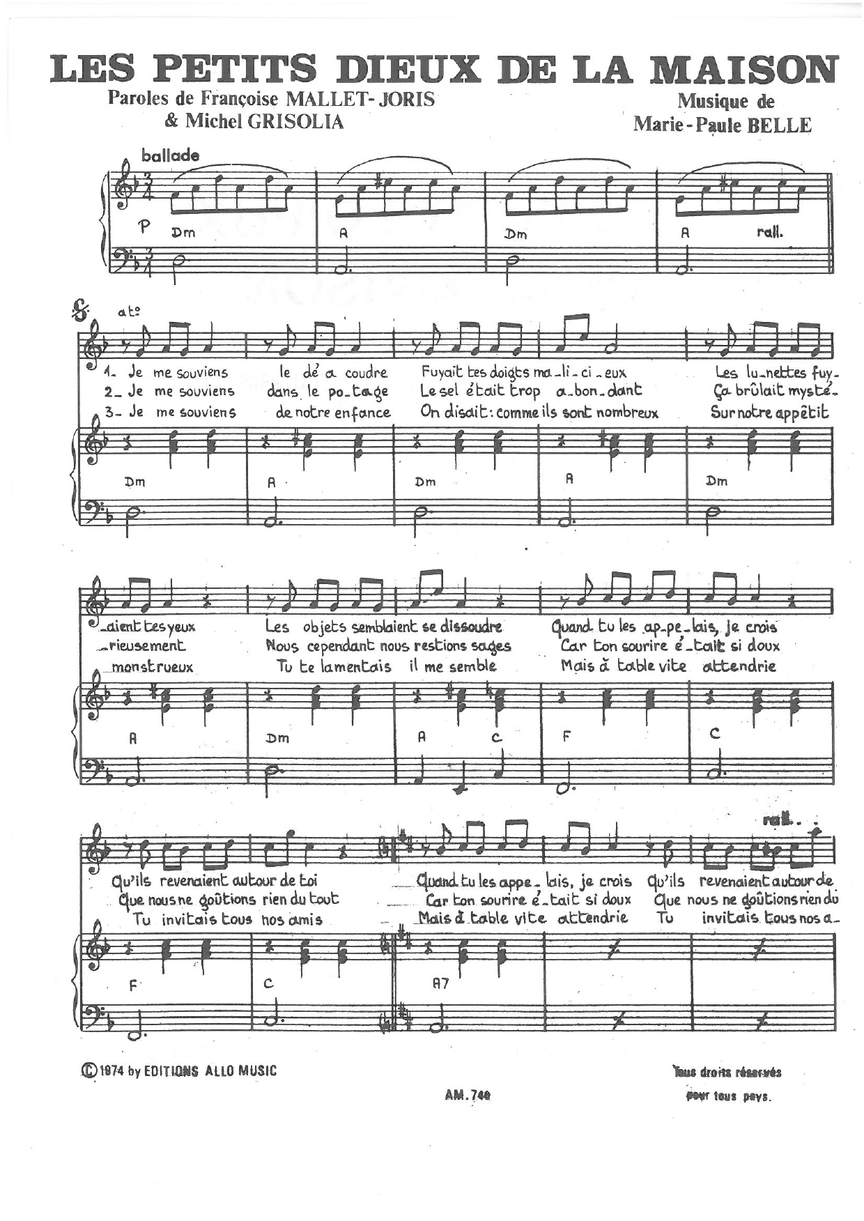 Michel Grisolia, Françoise Mallet-Joris, Marie Paule Belle Les Petits Dieux De La Maison Sheet Music
