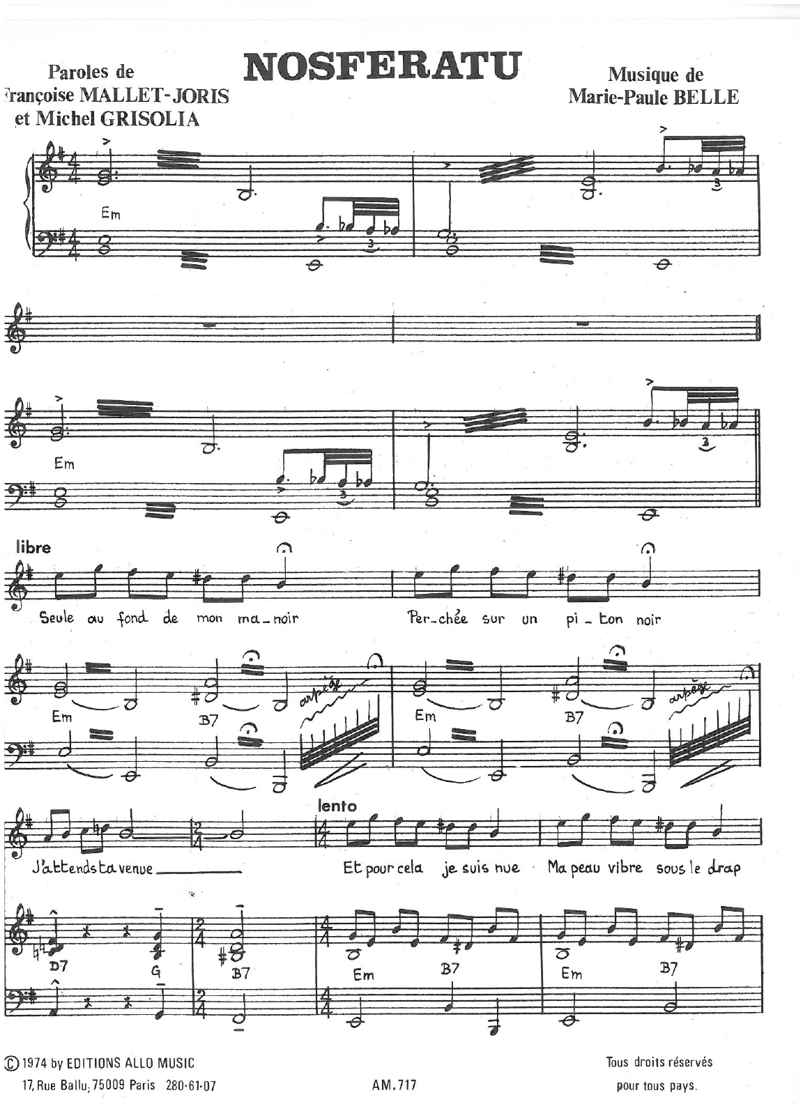 Michel Grisolia, Françoise Mallet-Joris, Marie Paule Belle Nosferatu Sheet Music