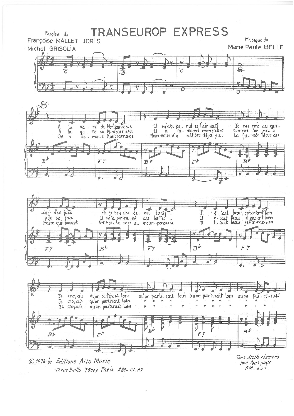 Michel Grisolia, Françoise Mallet-Joris, Marie Paule Belle Transeurop Express Sheet Music