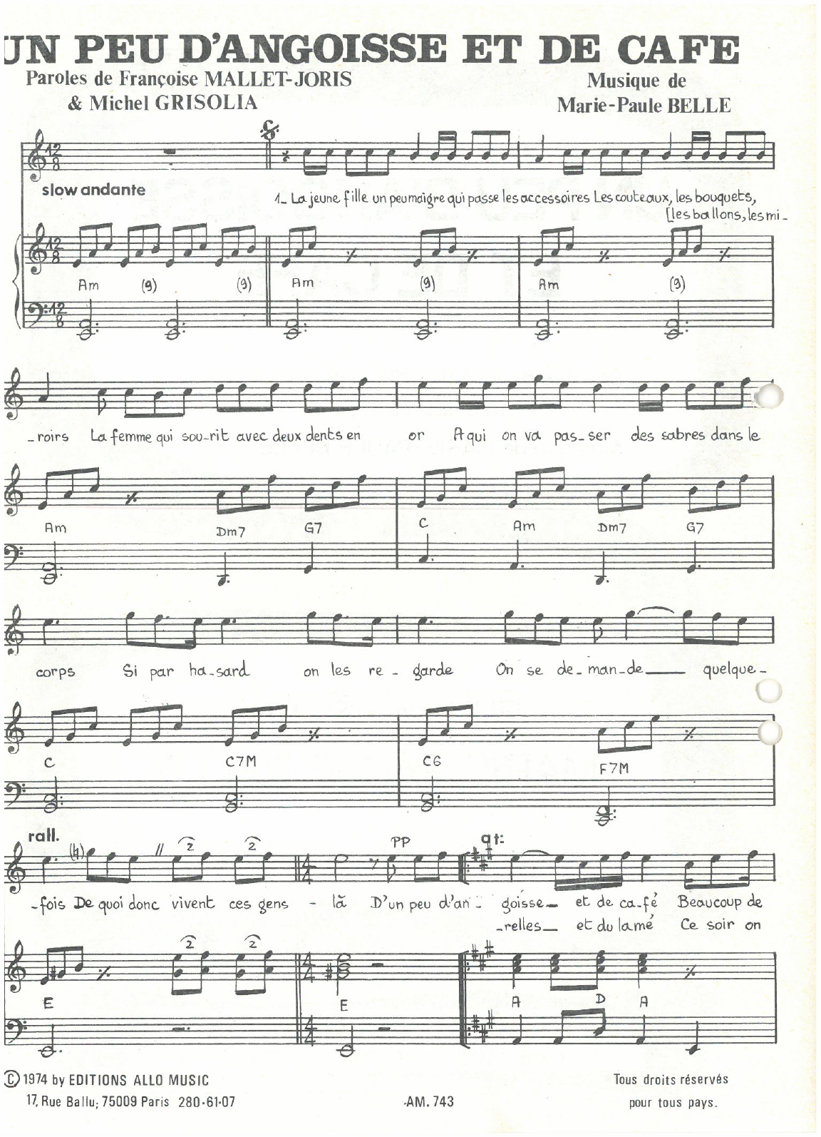 Michel Grisolia, Françoise Mallet-Joris, Marie Paule Belle Un Peu D'angoisse Et De Cafe Sheet Music