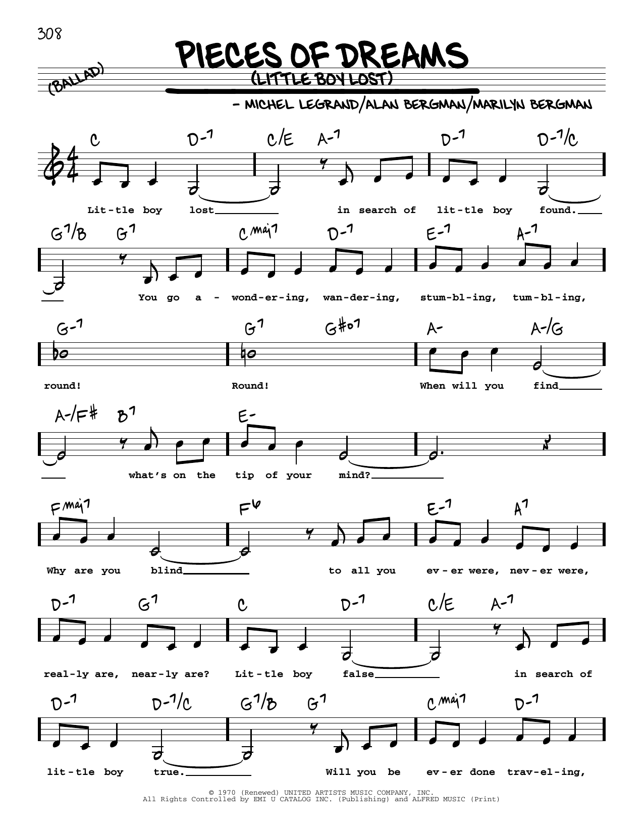 Michel LeGrand Pieces Of Dreams (Little Boy Lost) (Low Voice) Sheet Music