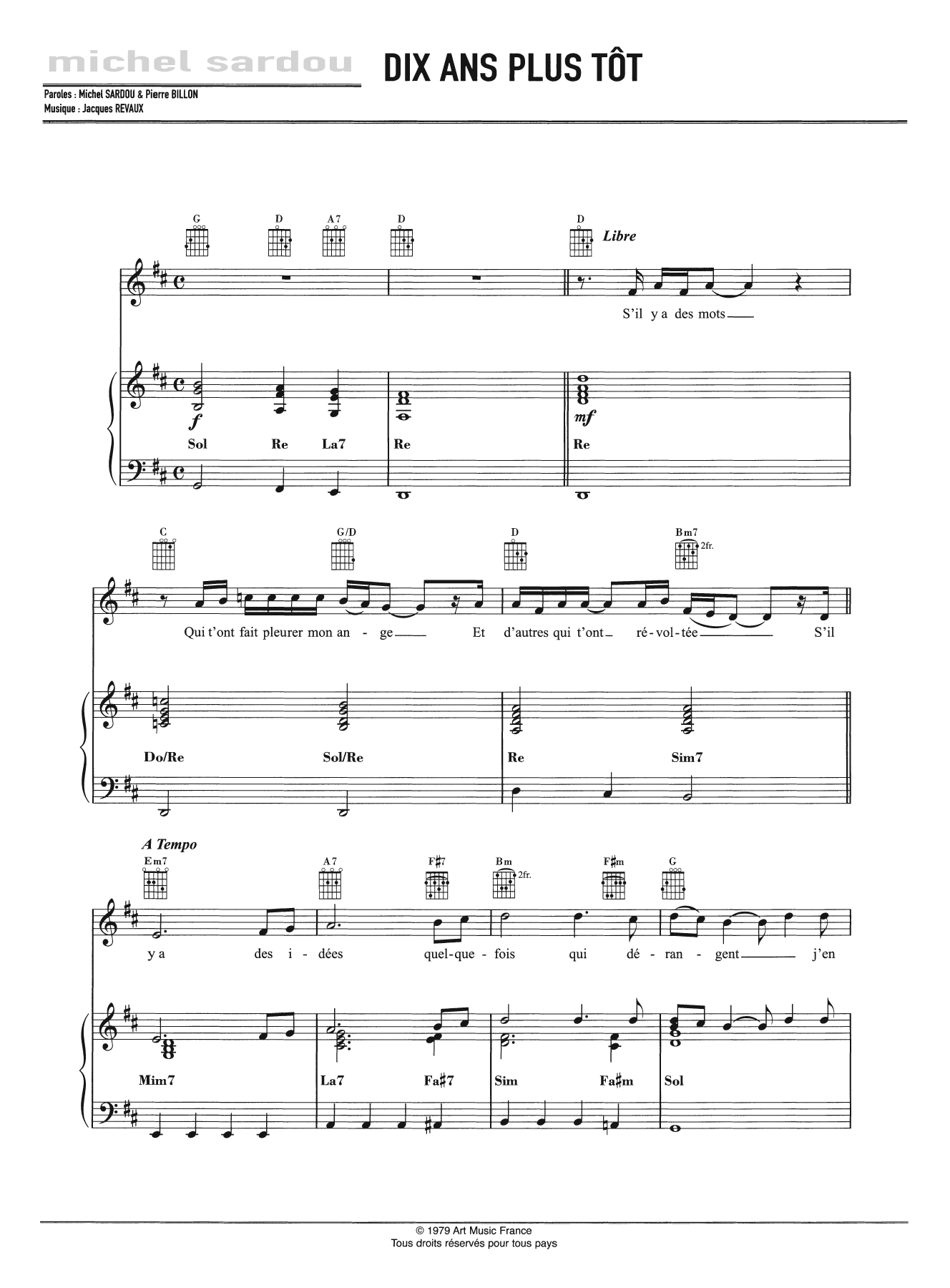 Michel Sardou Dix Ans Plus Tot Sheet Music