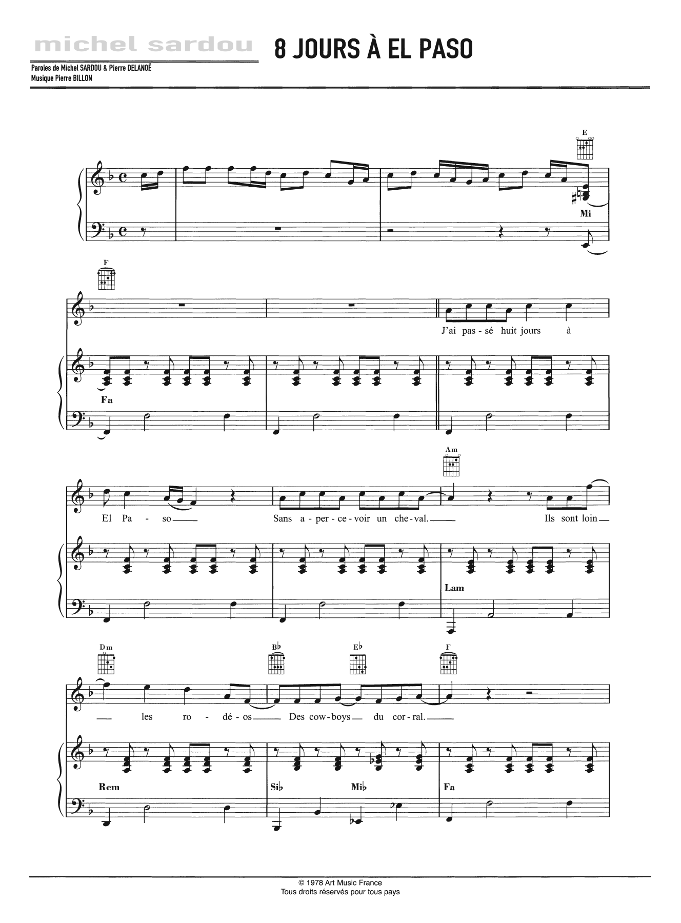 Michel Sardou Huit Jours A El Paso Sheet Music