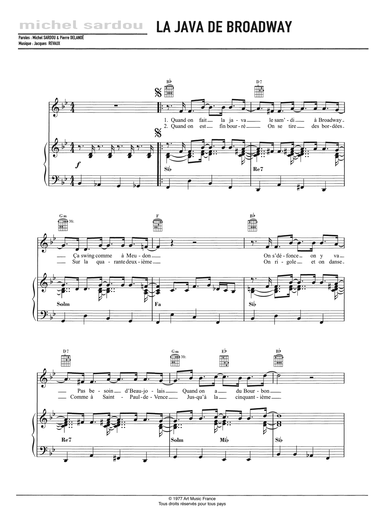 Michel Sardou La Java De Broadway Sheet Music